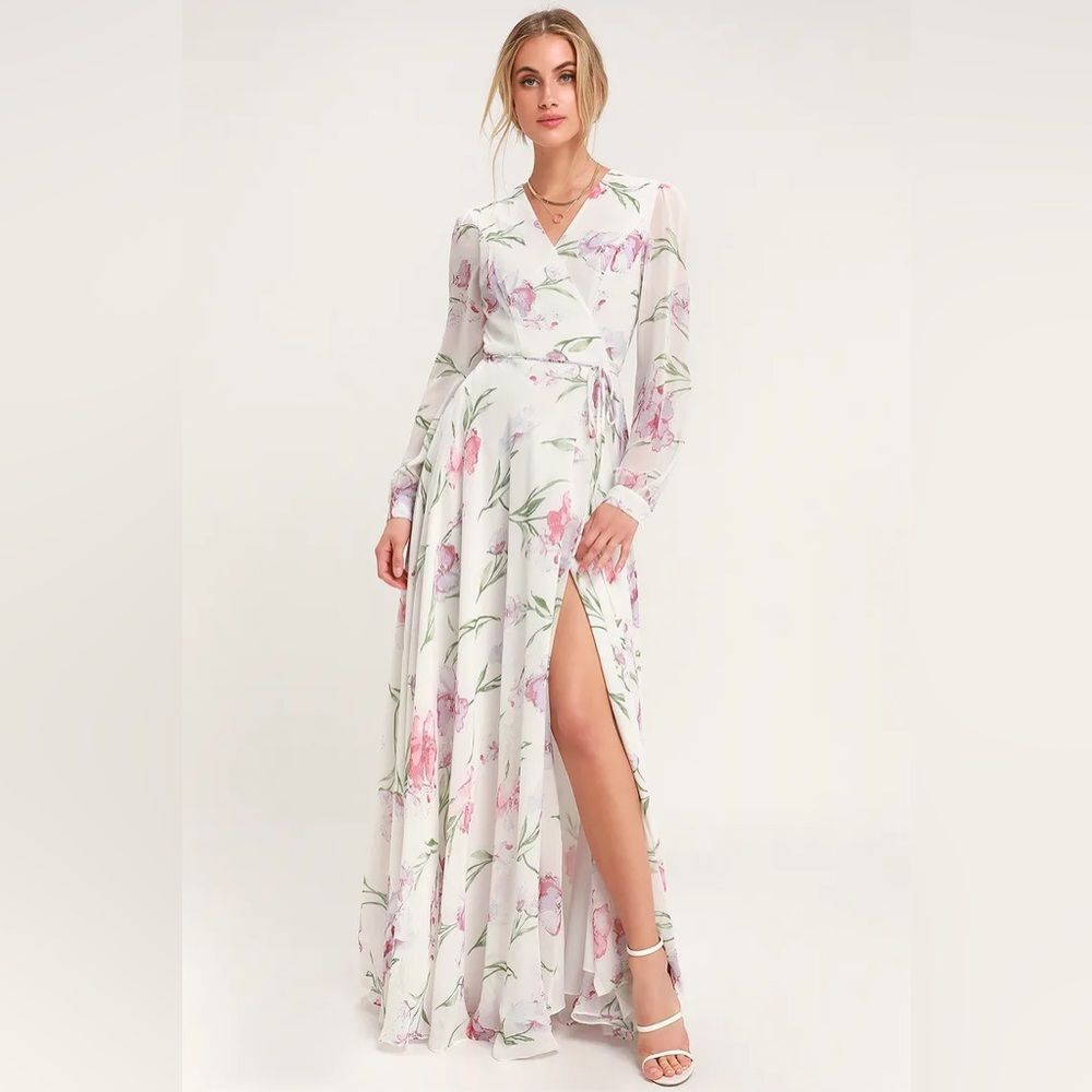 Lulu's Loving You White Floral Print Long Sleeve Wrap Maxi Women'sDress (SizeXS)